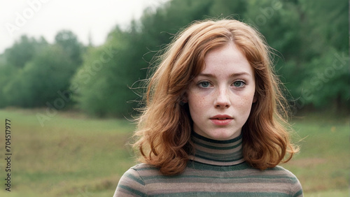 ritratto all'aperto di giovane donna dai capelli ricci e rossi, efelidi, sguardo sincero ed empatico photo