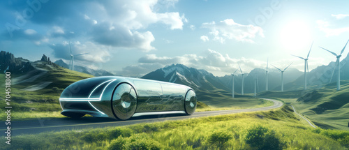 future of sustainable transportation in this image, where a windmill harnesses wind energy to power electric cars. alternative and renewable energy, symbolizing a greener photo