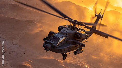 military attack helicopter, AH-64 Apache, hovering in a desert landscape at sunset, rotors in motion photo