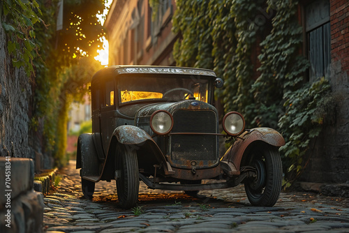 Classic 1920s car, photorealistic, rusted but majestic, parked in a cobblestone alley, ivy-covered walls