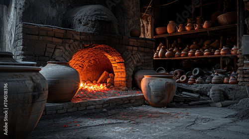 Ceramic pottery kiln with fired pieces inside, glowing red-hot elements, wide-angle, industrial setting © Gia