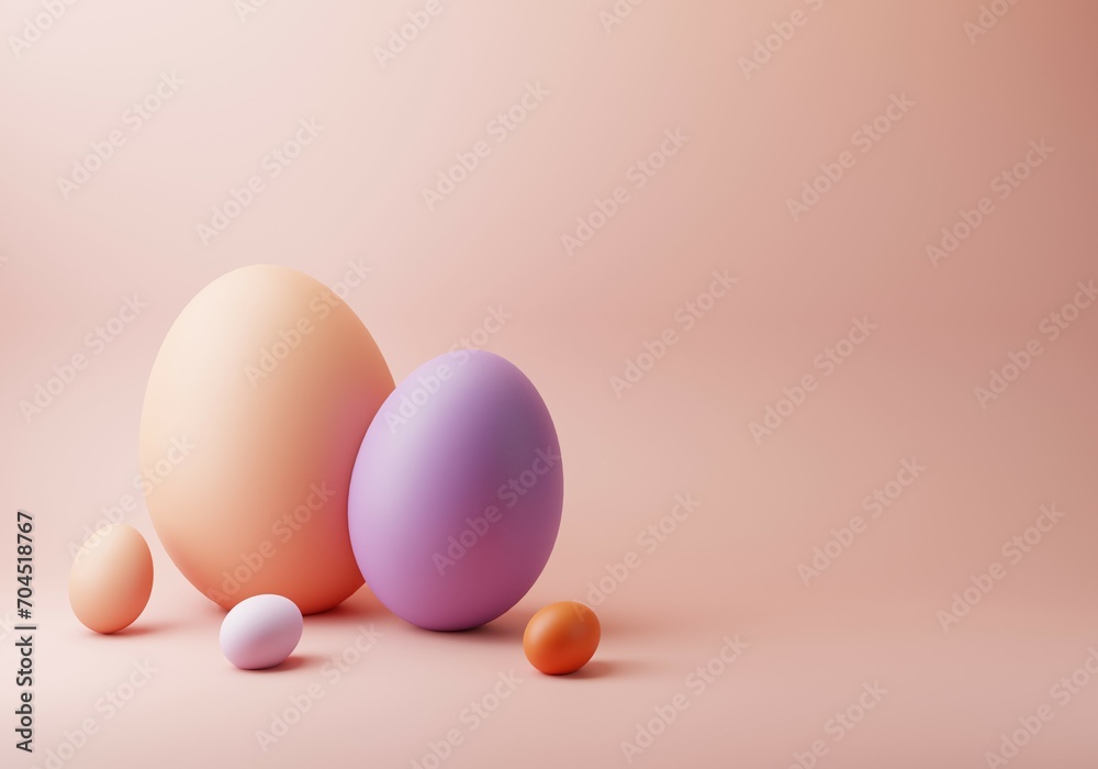 3D Happy Easter Eggs. Trendy Peach and Pastel Purple Colours on Pink Background with Copy space. Easter Day Design layout for invitation, card, menu, flyer, banner, poster, voucher. Elegant 3D render.