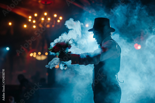 Magician in a smoky stage revealing a bouquet of flowers from his sleeve  crowd reactions in bokeh