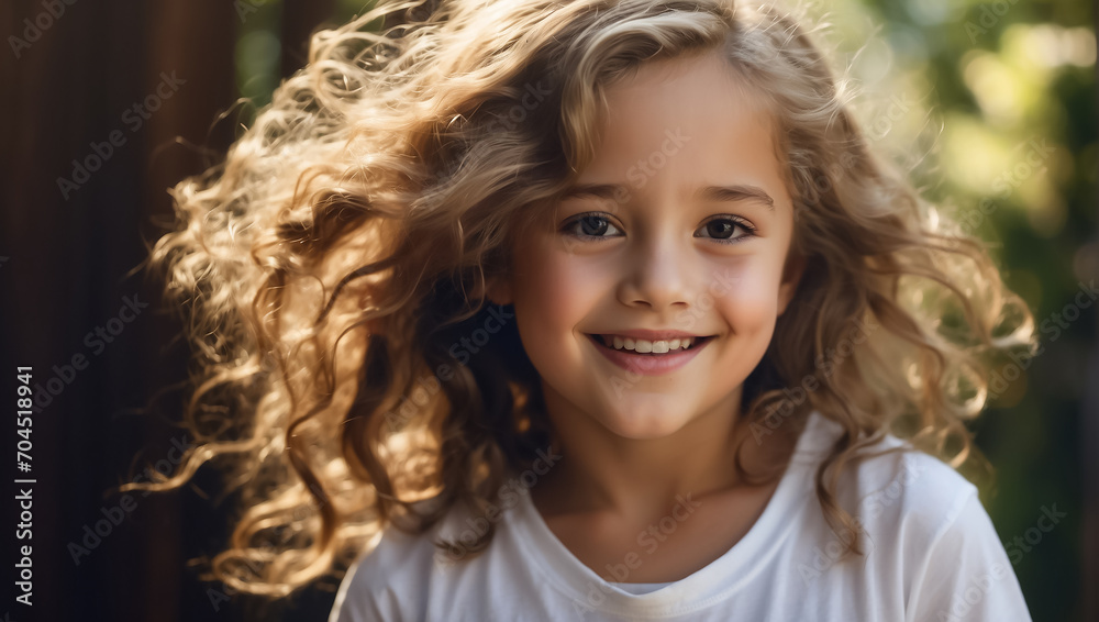 Little positive girl with beautiful hair outdoors in summer Little positive girl with beautiful hair outdoors in summer