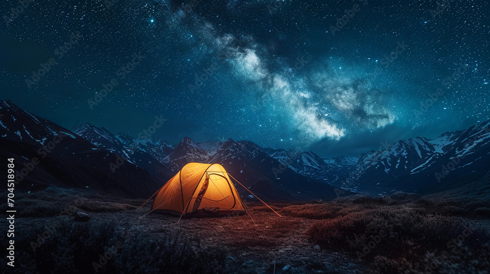 lone tent illuminated from inside, set against a starry night sky in the mountains