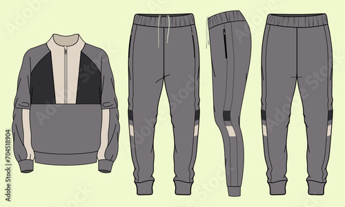 Athleisure tracksuit half zip long sleeve jacket and pants running jogging athletic sportswear set flat sketch vector illustration technical cad drawing template
