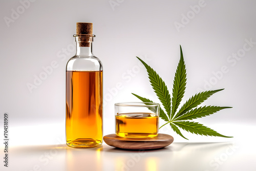 Glass bottle with cannabis CBD oil. Cannabis leaves background