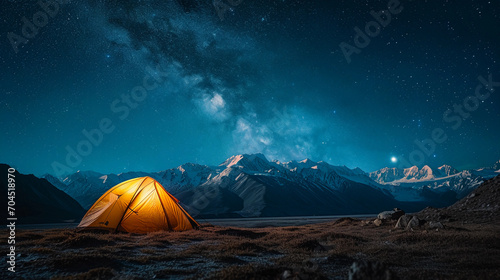 lone tent illuminated from inside  set against a starry night sky in the mountains