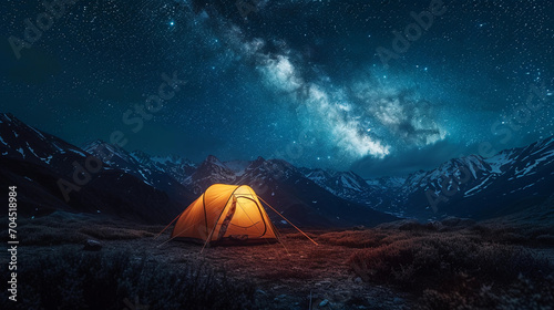 lone tent illuminated from inside, set against a starry night sky in the mountains