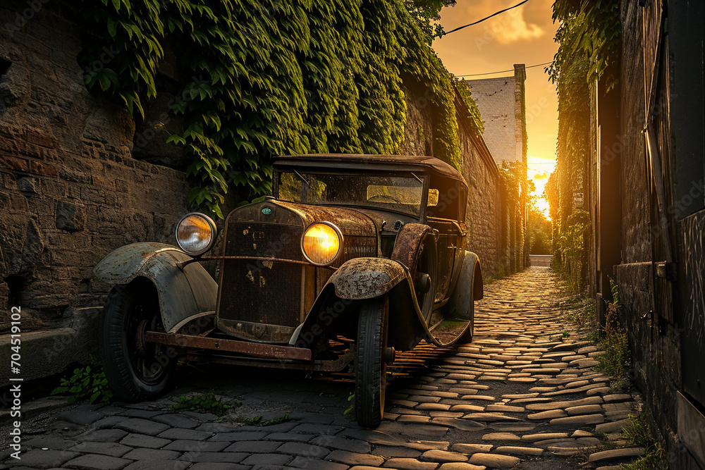 Obraz premium Classic 1920s car, photorealistic, rusted but majestic, parked in a cobblestone alley, ivy-covered walls
