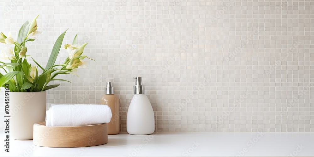 Wall tiles used as a background for design products in an interior bathroom table with a white mosaic. - obrazy, fototapety, plakaty 