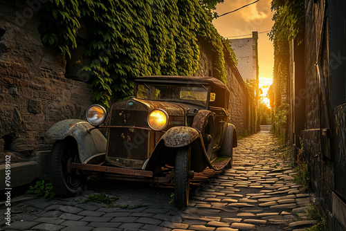 Classic 1920s car, photorealistic, rusted but majestic, parked in a cobblestone alley, ivy-covered walls