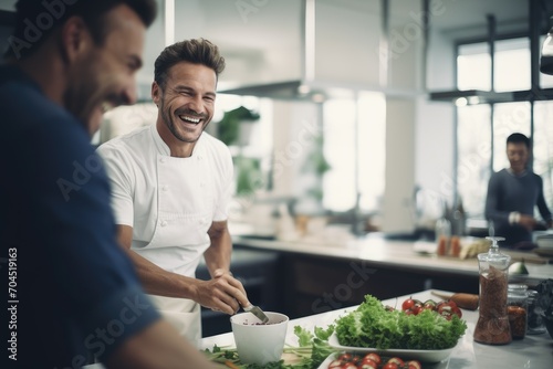 Young chef cooks in modern kitchen, European man, brown-haired man, restaurant, salad,  photo