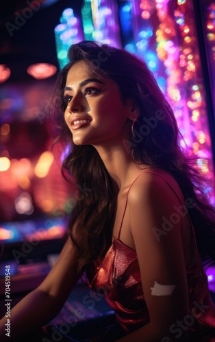Photorealistic Photoshoot of an elegant young Indian model, immersed in a vibrant party mood within a bustling club setup. Wearing elegant party attire