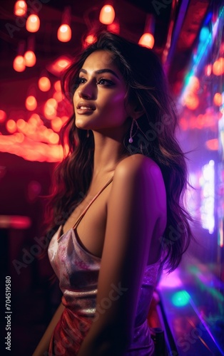 Photorealistic Photoshoot of an elegant young Indian model, immersed in a vibrant party mood within a bustling club setup. Wearing elegant party attire that sparkles under the light