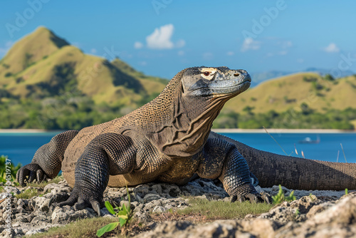 A Komodo Dragon in a guardian-like pose along the coastal rocks