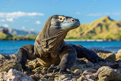 A Komodo Dragon in a guardian-like pose along the coastal rocks