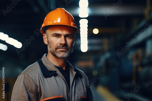 Portrait of Industry maintenance engineer man wearing uniform and safety hard hat on factory station. Industry, Engineer, construction concept. analog film photograph, 