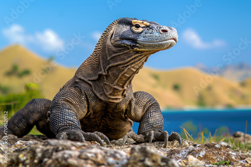 A Komodo Dragon in a guardian-like pose along the coastal rocks © Venka