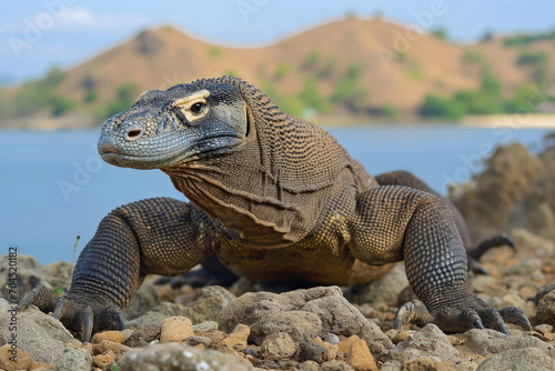 A Komodo Dragon in a guardian-like pose along the coastal rocks