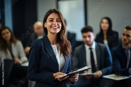 Salespeople learn from a professional sales instructor dressed in a suit in a training classroom. The salespeople who study at Kitza feel positive energy  photo