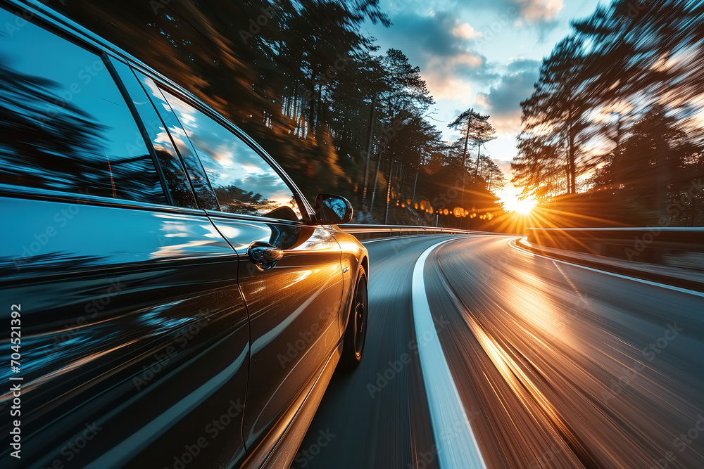 Trip by car, side view of the vehicle driving along the highway