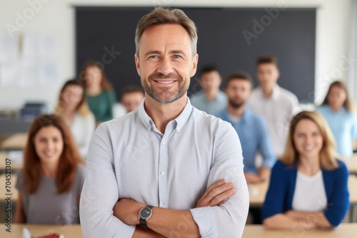 Teacher looking into camera and students in sitting in classroom as background