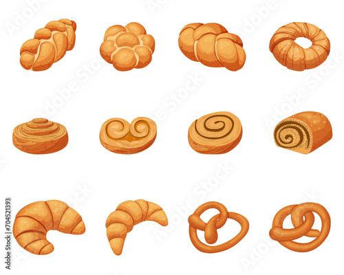 A set of wheat buns, pretzels and croissants. Vector illustration on a white background
