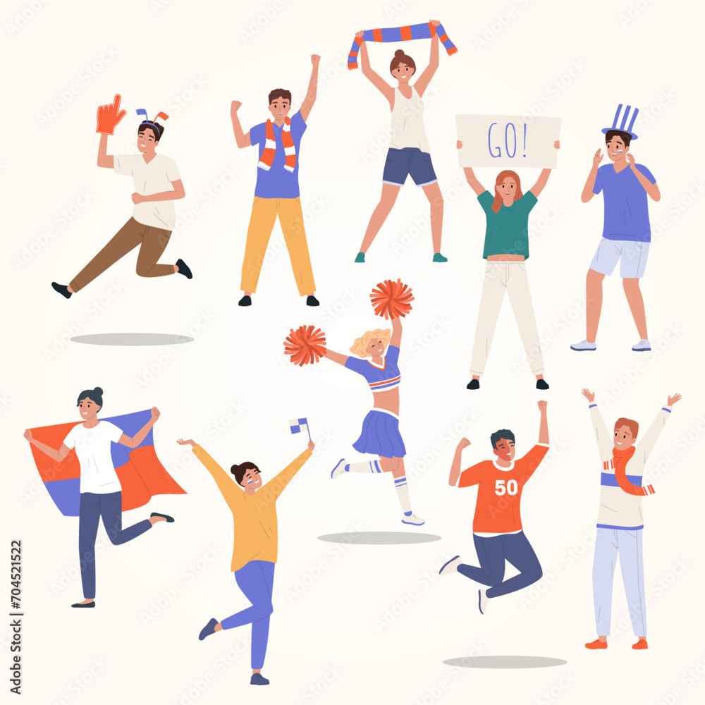 flat set happy sport fans cheerleaders holding colorful attributes isolated vector illustration