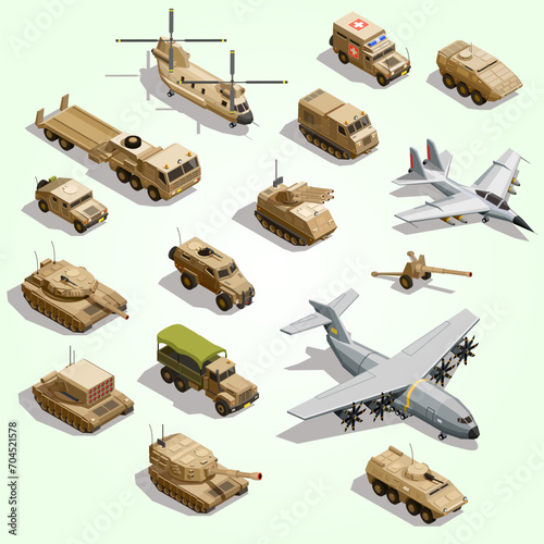 military transport isometric icon set