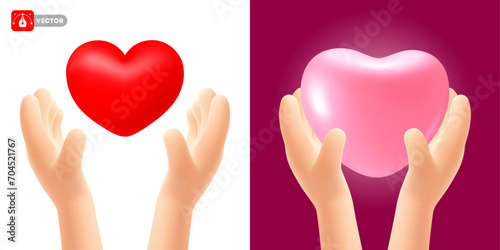 Set of cute 3d cartoon realistic hands holding red or pink heart. Isolated on white and red background. Concept of love, Valentines Day celebration,  health care or charity. Vector illustration