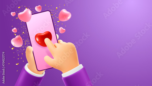 Cute 3d cartoon hand holding mobile smartphone and tap on heart sign or like icon on blue background. Banner for Valentines day, social media, marketing concept. Vector illustration