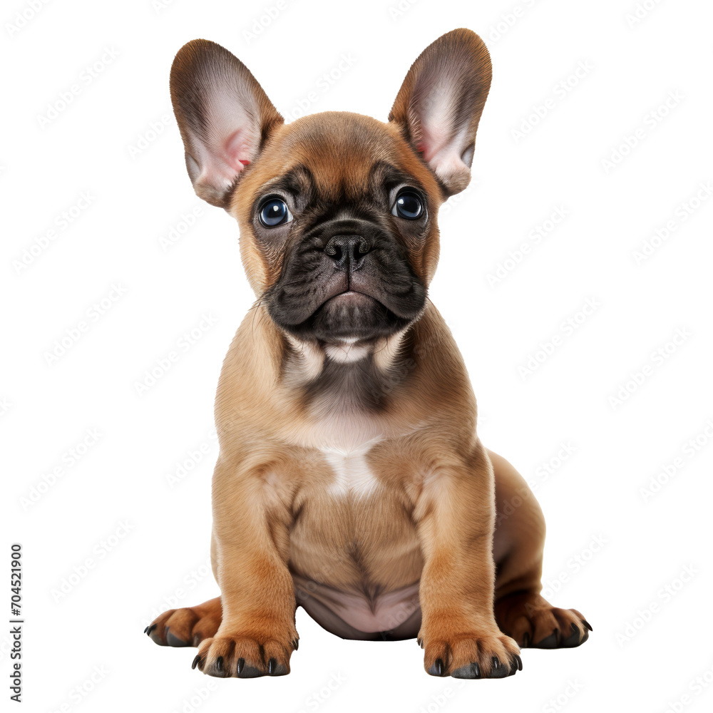 Adorable fawn French Bulldog puppy, sitting up facing front. Looking curious. Isolated on transparent background.