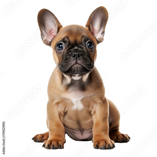 Adorable fawn French Bulldog puppy  sitting up facing front. Looking curious. Isolated on transparent background.