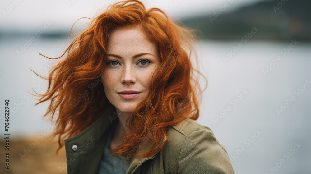 Portrait of smiling red hair, ginger 40 yo mid age woman outdoors
