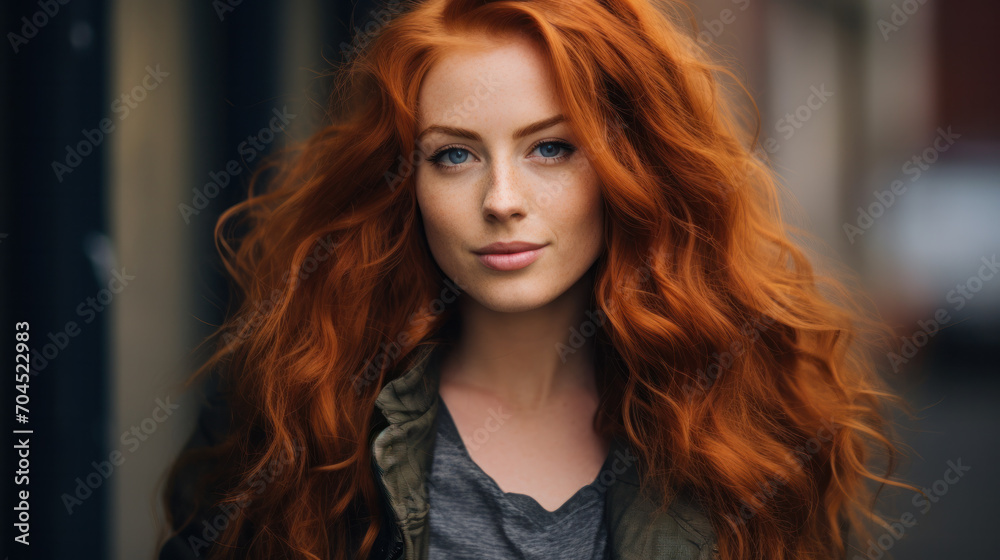 Portrait of smiling red hair, ginger 40 yo mid age woman outdoors Portrait of smiling red hair, ginger 40 yo mid age woman outdoors
