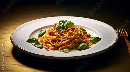 spaghetti with tomato sauce and basil on a white plate on a wooden table