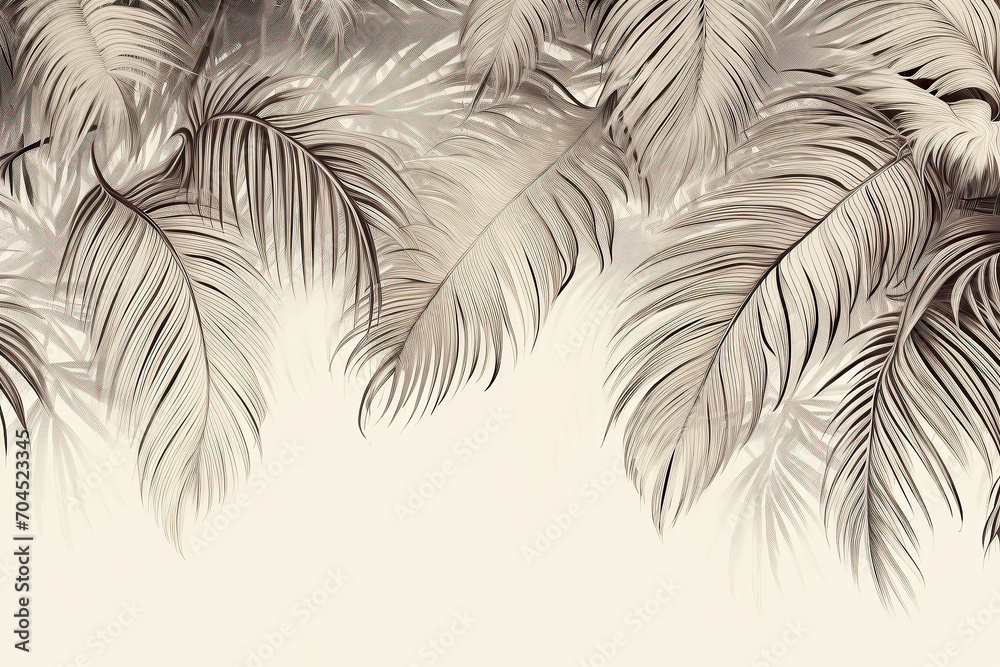Boho style wallpaper, Vintage botanical illustration of tropical leaves - obrazy, fototapety, plakaty 