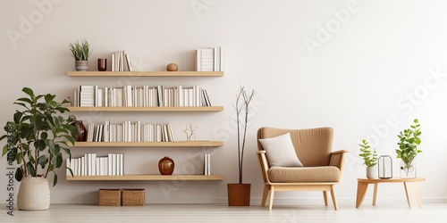 Contemporary Scandinavian home decor with furniture, plants, books, and personal accessories. Stylish and ready to use template. photo