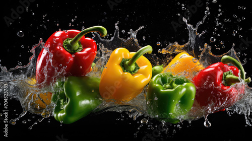 Smooth Fresh organic red yellow green Bell Pepper paprika Vegetables falling into water and splashes created with Generative AI Technology photo