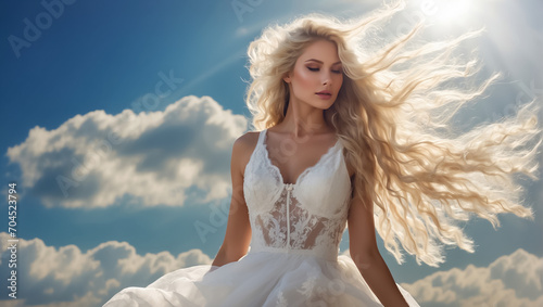 Beautiful girl with long blond hair against the background of the sky with clouds