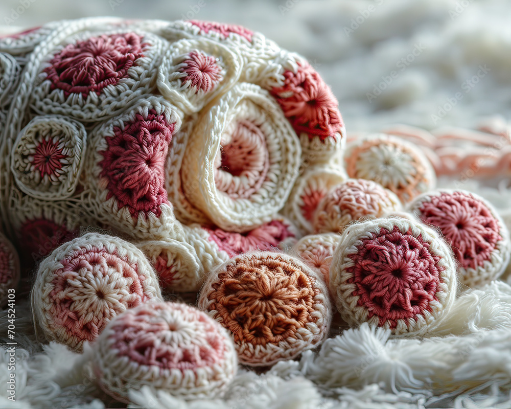 Bedspread Chrocet and tool set  handmade soft white and pink pastel nature color on white background