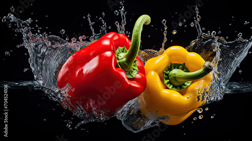 Smooth Fresh organic red yellow green Bell Pepper paprika Vegetables falling into water and splashes created with Generative AI Technology
