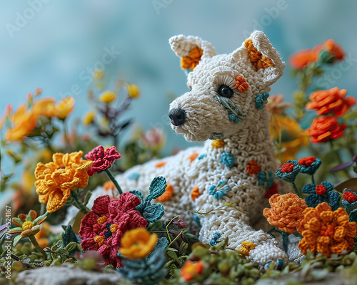 Crochet handmade dog shape pastel color on white background 