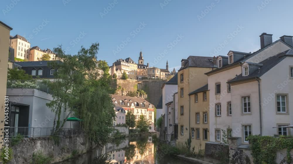 Grand Duchy of Luxembourg time lapse, city skyline timelapse at Grund along Alzette river in the historical old town of Luxembourg Grand Duchy of Luxembourg time lapse, city skyline timelapse at Grund along Alzette river in the historical old town of Luxembourg