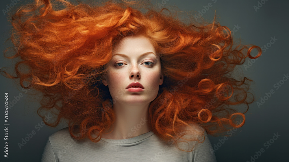 Beauty portrait of red-haired beautiful woman on studio background With copy space. Art hairstyle.