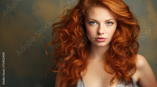Beauty portrait of red-haired beautiful woman on studio background With copy space. Art hairstyle. © PaulShlykov