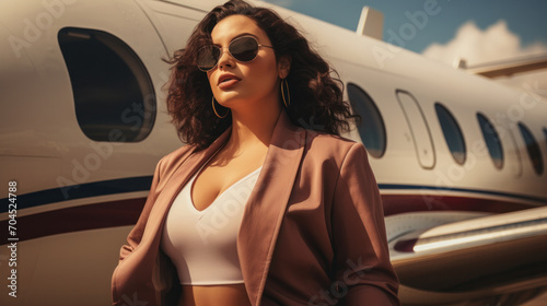 Mid adult plus size female businesswoman and private jet at airport photo