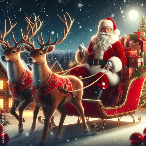 Photo of Santa Claus riding on sleigh with with deer and gift box