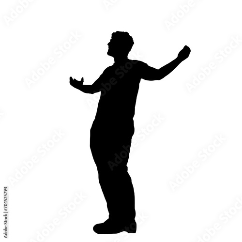 Happy man showing positive emotions and hand gesture. Silhouette of a man  hands stretched.